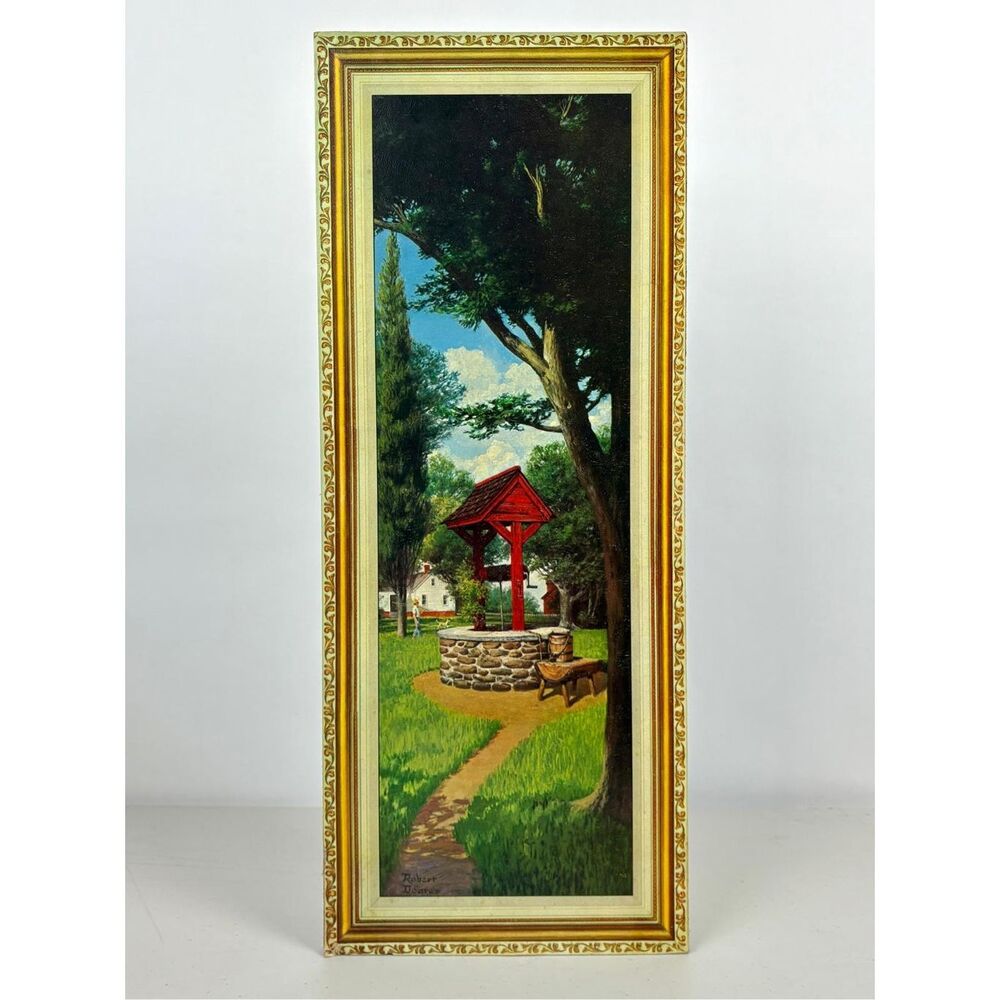 Vintage Robert Doares Water Well Countryside Print on Corkboard 25x10 Signed